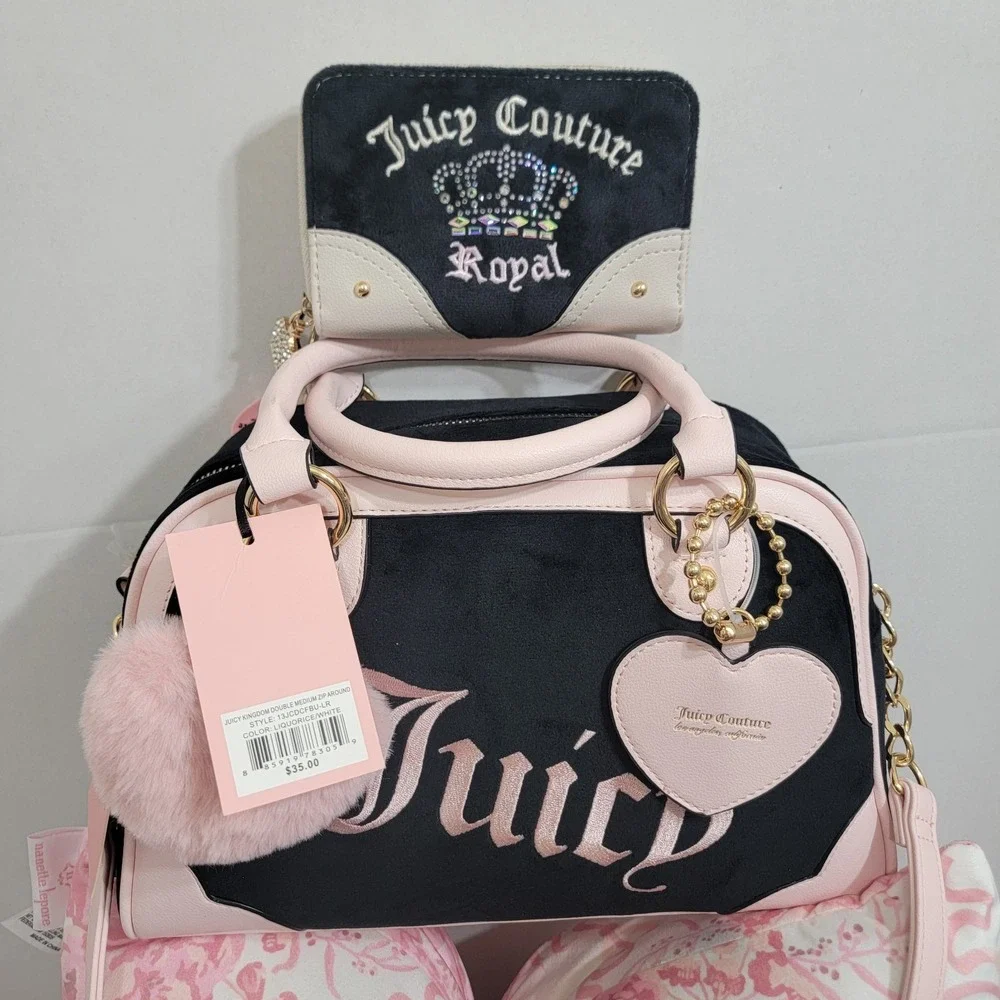 Juicy Couture Urban Heritage Bowler Bag VELOUR With Heart POM Bag Charm & WALLET